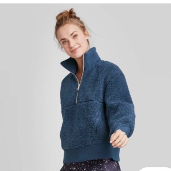 JoyLab Tops - JoyLab Navy Blue Sherpa Quarter Zip Women’s Size Large Kangaroo Front Pocket